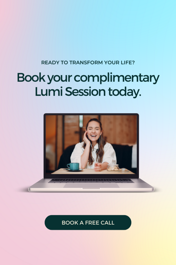 A Lumi Coach on a video call laughing with a Lumi Client. Ready to Transform Your Life? Book your complimentary Lumi Session today.